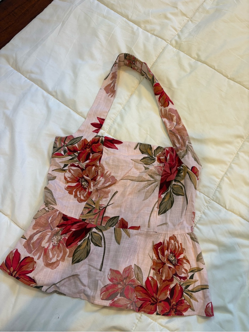 Pink Floral Crop Top with Red Blossom Print